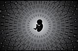 An artistic image of a baby floating in space, surrounded by a ring of DNA chromosomes that are forming from nearby stars.
