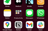 Screen shot of an iPhone home screen showing reading, productivity and messaging apps