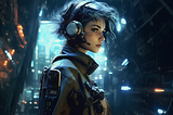 A genderpunk person with short-cropped black hair and light skin wearing big mission control type headphones, and jacket with electronics on it. In the background is a gritty city.