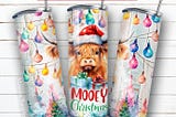 Mooey Christmas 20oz skinny tumbler sublimation design Highland cow Christmas lights Funny design Digital PNG Straight wrap download