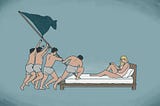 A bunch of guys work together to raise a flag on top of a bed, where a girl lies waiting.