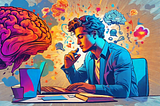 A man looking focused and working hard on tasks with a background of exploding thoughts creative ideas