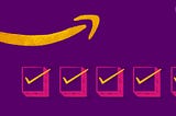 Yellow Amazon arrow on a purple background with checkboxes below indicating the steps to monitor performance and account health.