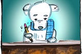 Cartoon drawing of a dog in a blue scarf writing at a table.