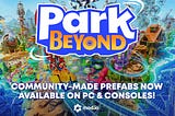 The key art and logo for Bandai Namco’s Theme Park Simulator game is shown, with text overlaid that reads “COMMUNITY-MADE PREFABS NOW AVAILABLE ON PC & CONSOLES”, and has the mod.io logo at the bottom