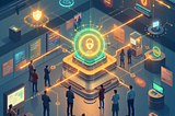 A digital art illustration showing a futuristic cybersecurity exhibit. A glowing padlock icon is displayed at the center of the scene, symbolizing data security and encryption, surrounded by interconnected circuits and holographic displays. People are gathered around, engaging with various interactive exhibits, including screens and terminals showing information about digital privacy, cryptography, and cybersecurity protocols.