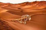 human skeleton crawling through the desert