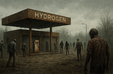 ChatGPT generated landscape picture of zombies shambling through a rusting, closed hydrogen refueling station