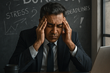 A hyper-realistic digital photograph of a South Asian executive seated alone at a large conference table in a dimly lit office. His shoulders are slightly hunched, eyes staring blankly into space with exhaustion. Around him, faint digital overlays of brand words like “Relentless,” “High-Performer,” and “Always On” flicker — symbolizing the silent weight of an identity built on burnout.