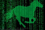 green silhouette of running horse over green computer code