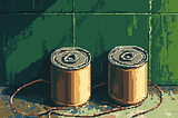 A pixel-art rendition of two tin cans connected by a cable