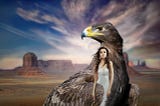 A large bald eagle and wrapped lovingly within its wings is a warrior queen.