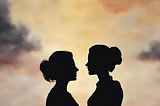 Silhouette of two women facing each other, young and old.