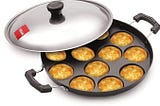 12 Cavity Appam Patra Side Handle with Lid, 23 cm, Black