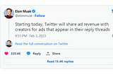 Elon Must Tweet on Twitter Ad Revenue Sharing with Content Creators