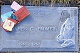 gravestone which reads my son Jim — with wallet, contents,