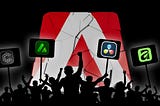 A group of protestors in front of a giant Adobe logo with plackards showing various applications