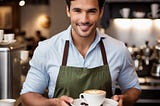 A barista holdng a cup of coffee and smiling.