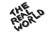 The original logo for The Real World, in sideways scrawled black lettering, all caps