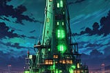 A lighthouse under an eerie green glow