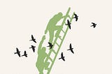 A silhouette of two people climbing a ladder, one reaching back to help the other up. A silhouette of flock of birds flies past them.
