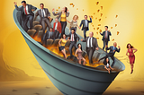 An illustration of professionals wearing formal work attire falling into a funnel. The funnel is grey against a yellow background.