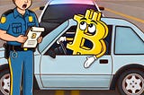 an image of a cop reading a miranda warning to a bitcoin icon in a car
