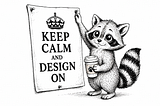 Ashley the raccoon holding a poster that says “Keep calm and design on”