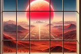 Looking through a multi-paned window, a view of a desert landscape, with a red sun shining, mountains and a city in the distance.