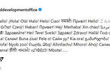 Screenshot of the welcome post on Threads from the UK Foreign and Development Office a ‘hello’ in 60 different languages.