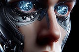 A cyborg human with eyes that have been supplemented digitial information being feed directly into the brain.