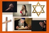 A collage of six images, including a picture of Jesus, a rabbi, a cross, the star of David, and two photos of hands held together in prayer