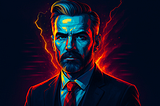 Strategic professional in cyberpunk aesthetic looking powerfully at the camera, symbolizing augmented intelligence and the fusion of human expertise with technological enhancement