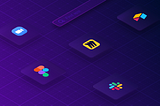 A graphic showing five floating logos and UI controls on top of a violet-themed blueprint grid. The logos include the products mentioned in this study: Airtable, Figma, Miro, Slack, and Zoom. The only visible UI control is symbolized by the search field having a “Search app” placeholder. This graphic aims to provide an abstract visual representation of the SaaS marketplace.
