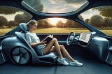 A young woman casually dressed, riding peacefully and comfortably in an autonomous car with a book.