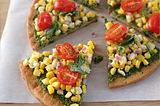 Roasted Corn and Pesto Quinoa Pizza from Almonds and Avocados(Vegan, Gluten-Free)