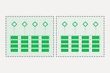 A diagram showing two boxes side-by-side. Each box has a number of different shapes in them. The shapes are to represent different people within a squad. And each box is to represent a team. The overall diagram is representing the Spotify model for setting up teams.