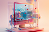 surreal fantasy, translucent computer, with creativity ideas surrounding, dreamy pastel color palette, fancy and aesthetic, splashing, soft lighting