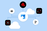 A PatternFly logo sits in the middle of a web of interconnected icons, including Red Hat product logos, a code branch icon, and an icon representing multiple people, all of which have dotted lines connecting to the PatternFly logo. There is a light blue background with clouds.