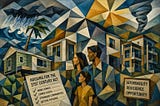 A landscape-oriented Cubist illustration of a modern American neighborhood featuring factory-built homes, apartment buildings, and a family in the foreground beneath stylized symbols of hurricanes, tornadoes, flooding, and sunshine. A housing policy document and signs representing affordability, resilience, and opportunity emphasize bipartisan efforts to increase housing supply, improve disaster-resistant construction, and expand access to homeownership.