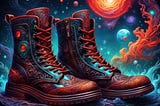 ornate red boots with a cosmic background, Generated with the assistance of Night Café AI exclusively for Cheryl Evans, Business Witch Academy