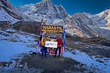 I guided my client to Annapurna Base Camp in January 2024. Annapurna South and Annapurna Fang are two mountains on the backdrop.