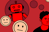 The illustration shows a person with a neutral expression, and a series of bubbles appear to emanate from their head, connecting visually to a robot on the left side. Surrounding these bubbles are additional circular shapes containing neutral face emojis