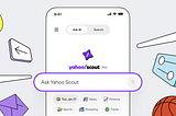 Yahoo! Scout beta mobile interface with Ask AI search bar, purple star icon, colorful category tiles (News, Finance, Sports, Shopping, Travel) on a light background.