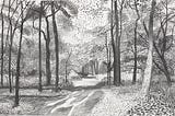 David Hockney, Woldgate 26–27 June 2012, coal. On show in the Van Gogh Museum in Amsterdam, spring 2019. Drawing of a mud road into the woods.