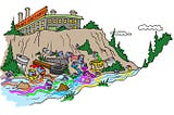 drawing of paint factory on hill with paint cans and trash spilling into waterway
