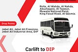 A white Sans Transport Toyota Coaster bus with black lettering on the sides and back. The lettering says “SANS TRANSPORT Private Passengers Transport” and “Carlift to DIP”. The sides also list pick up points including Rolla, Al Wahda, and Al Nahda. The back lists drop off points including Jebel Ali, Jebel Ali Freezone, and Jebel Ali Industrial Area. There is also a phone number and website listed. share more_vert