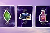 Three tarot pick a card piles: pile 1 — leaf, pile 2 — books, and pile 3 — vial
