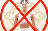 A white woman in a white sports bra and white leggings sitting in classic Hindu lotus pose. There is a white diamond shape superimposed on her forehead. Behind her is a golden tantra design. The background is beige. There is a scarlet red circle along with a two scarlet red lines crossing diagonally over the entire picture.