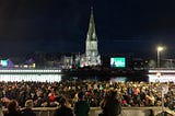 View of St Muredach’s Cathedral, Ballina, all lit up for US President Joe Biden’s visit.